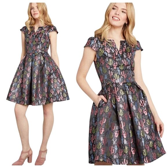 Modcloth Jacquard Cactus Print Fit & Flare Dress Black/Multi-Color Size 20 - Picture 1 of 7
